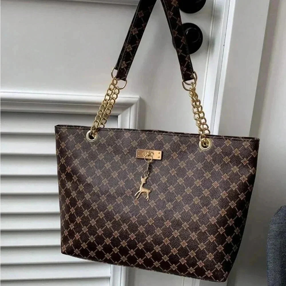⚠️Clearance Brown Patterned Large Tote Shoulder Bag Gold Pendant - Picture 11 of 11